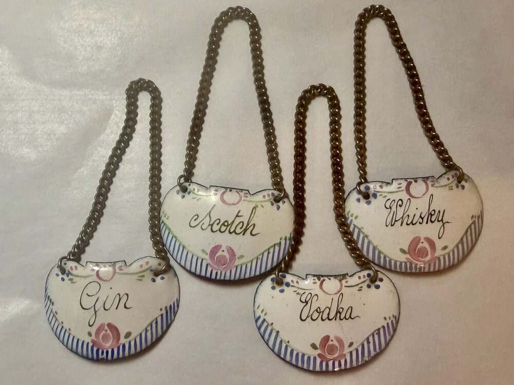 Set of 4 Antique French Hand-Painted Enamel Decanter Labels with Chains